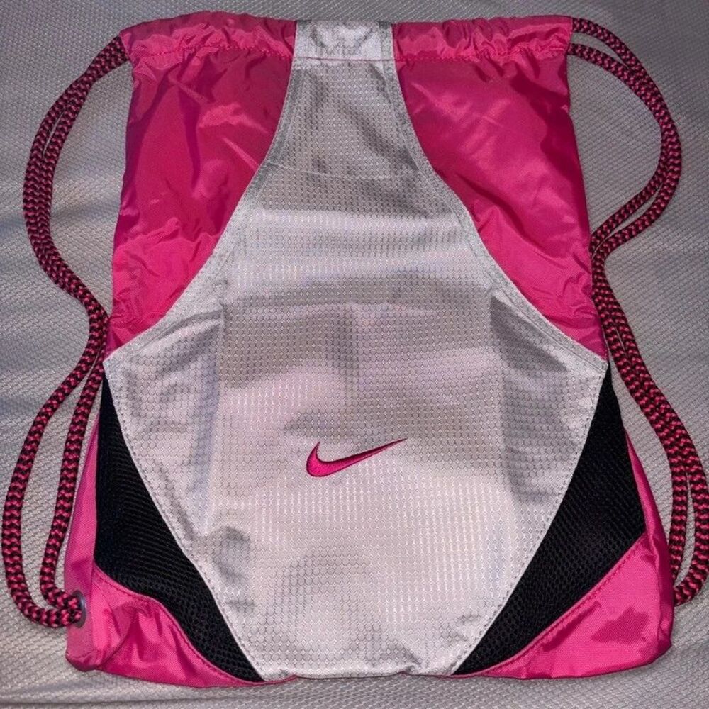 Women’s Nike Drawstring Backpack Pink Silver Heavy Duty Gym Sack Pack Mesh Bag